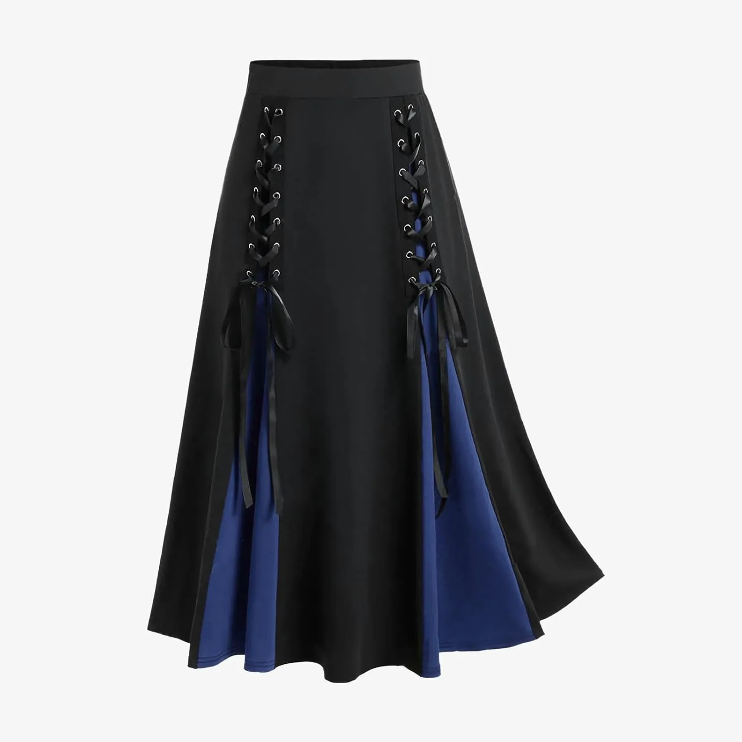 Womens Gothic Long Skirts Pleated Patchwork Dresses Medieval Lace Up Midi Pleated Skirts Victorian Steampunk Skirts