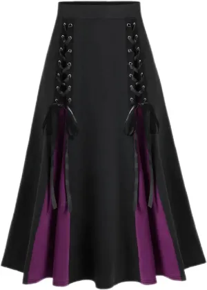 Womens Gothic Long Skirts Pleated Patchwork Dresses Medieval Lace Up Midi Pleated Skirts Victorian Steampunk Skirts