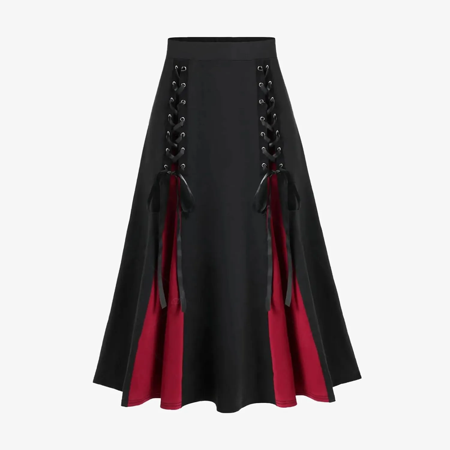Womens Gothic Long Skirts Pleated Patchwork Dresses Medieval Lace Up Midi Pleated Skirts Victorian Steampunk Skirts