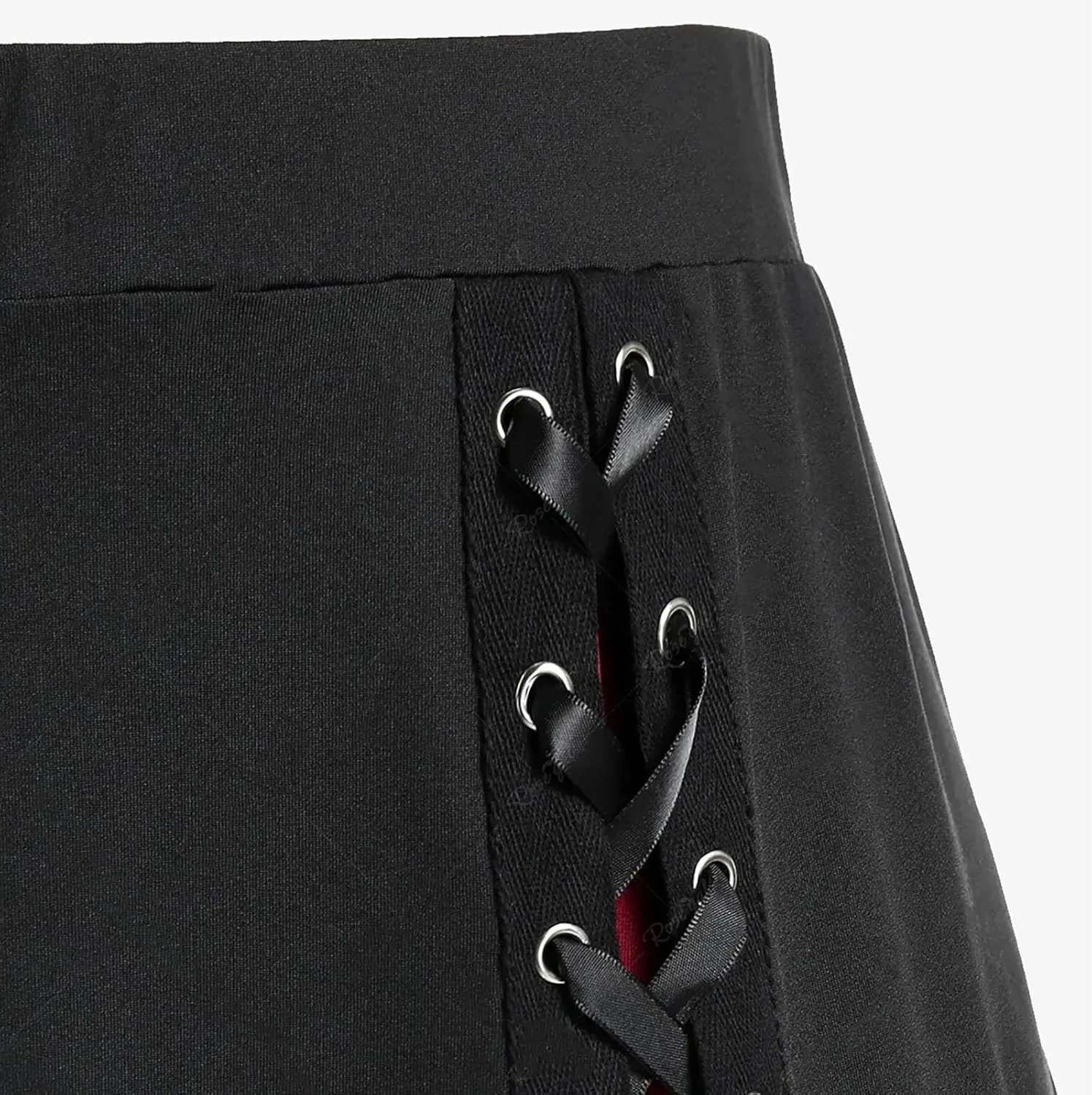 Womens Gothic Long Skirts Pleated Patchwork Dresses Medieval Lace Up Midi Pleated Skirts Victorian Steampunk Skirts