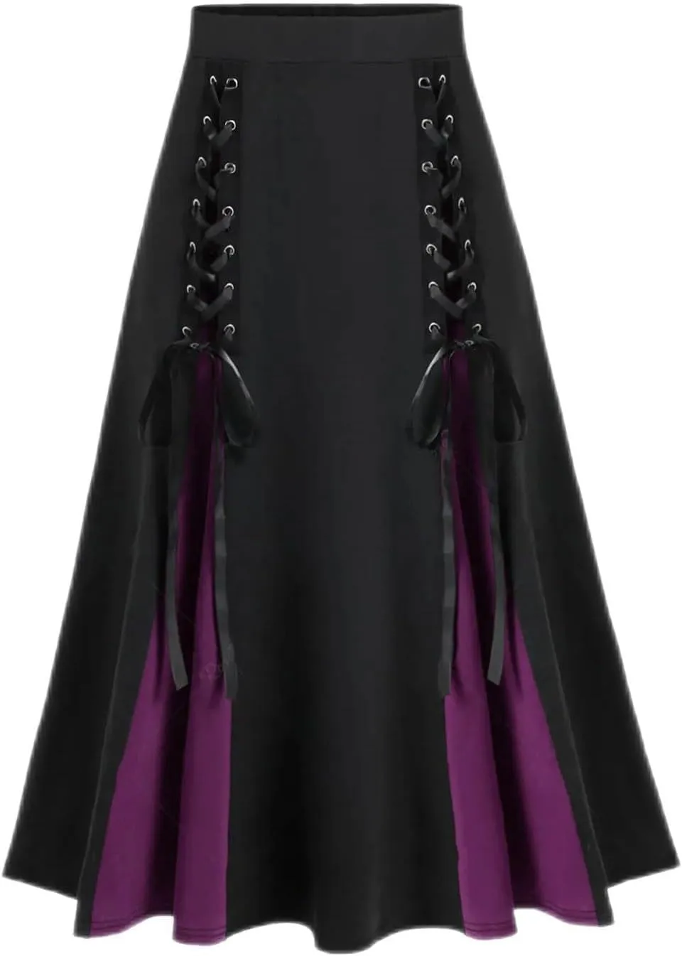Womens Gothic Long Skirts Pleated Patchwork Dresses Medieval Lace Up Midi Pleated Skirts Victorian Steampunk Skirts