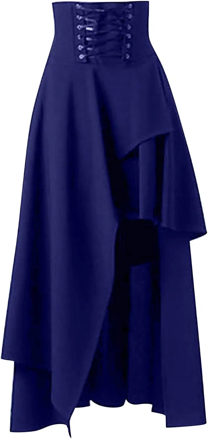Womens Gothic Vintage Skirts Slim Fit Irregular Hem Midi Skirt Tummy Control Drawstring Knee Length Skirts 2025 Clothes