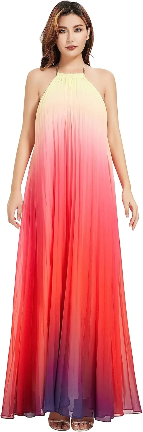 Women's Gradient Pleated Long Maxi Dress Chiffon Sexy Loose Summer Beach A-line Backless Sundress