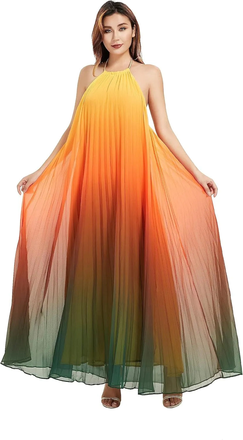 Women's Gradient Pleated Long Maxi Dress Chiffon Sexy Loose Summer Beach A-line Backless Sundress