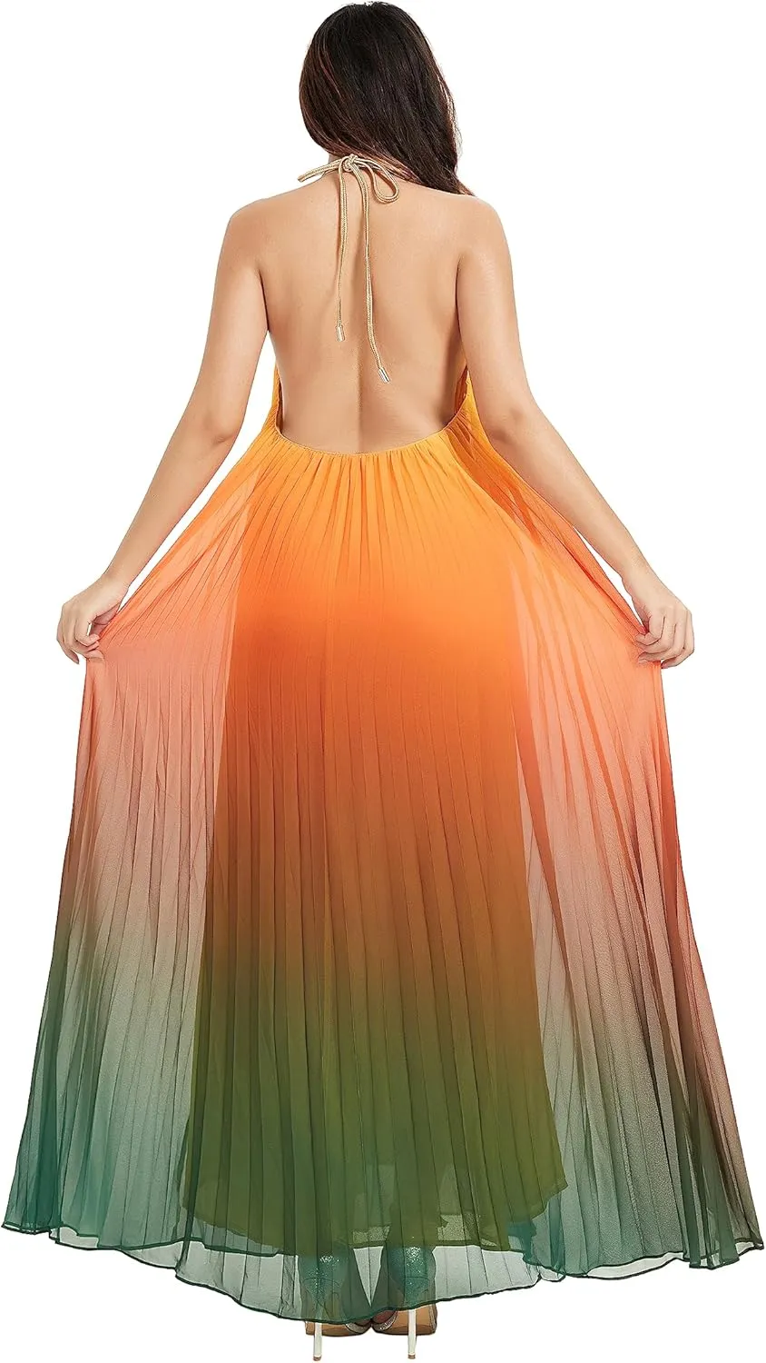 Women's Gradient Pleated Long Maxi Dress Chiffon Sexy Loose Summer Beach A-line Backless Sundress