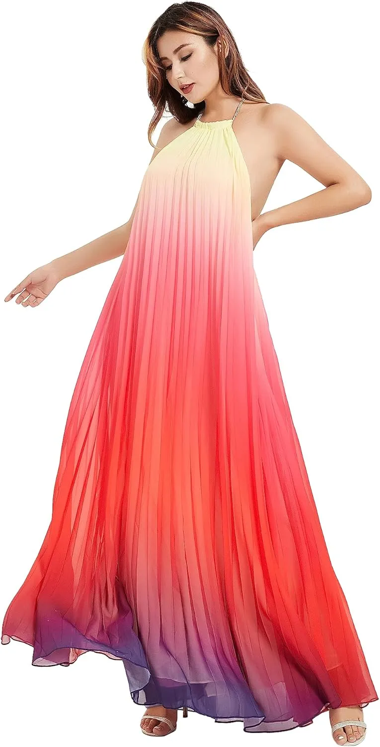 Women's Gradient Pleated Long Maxi Dress Chiffon Sexy Loose Summer Beach A-line Backless Sundress