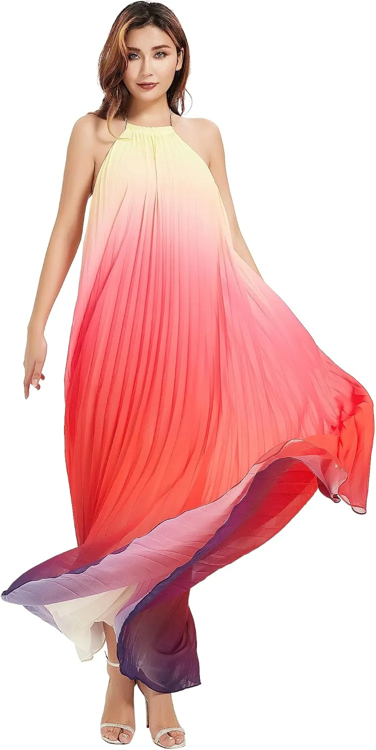 Women's Gradient Pleated Long Maxi Dress Chiffon Sexy Loose Summer Beach A-line Backless Sundress