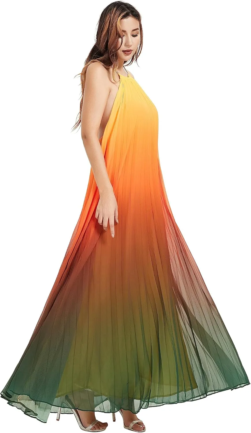 Women's Gradient Pleated Long Maxi Dress Chiffon Sexy Loose Summer Beach A-line Backless Sundress