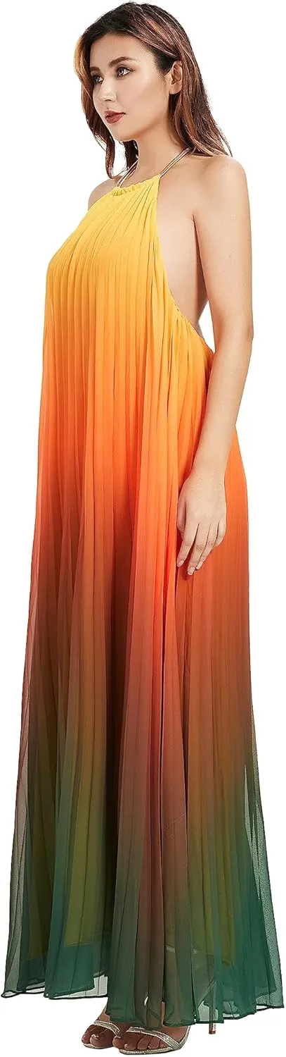 Women's Gradient Pleated Long Maxi Dress Chiffon Sexy Loose Summer Beach A-line Backless Sundress