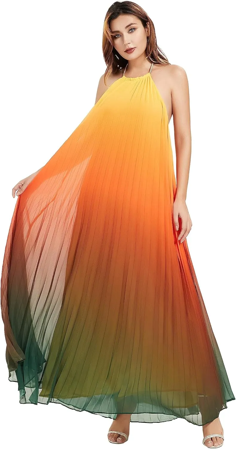 Women's Gradient Pleated Long Maxi Dress Chiffon Sexy Loose Summer Beach A-line Backless Sundress