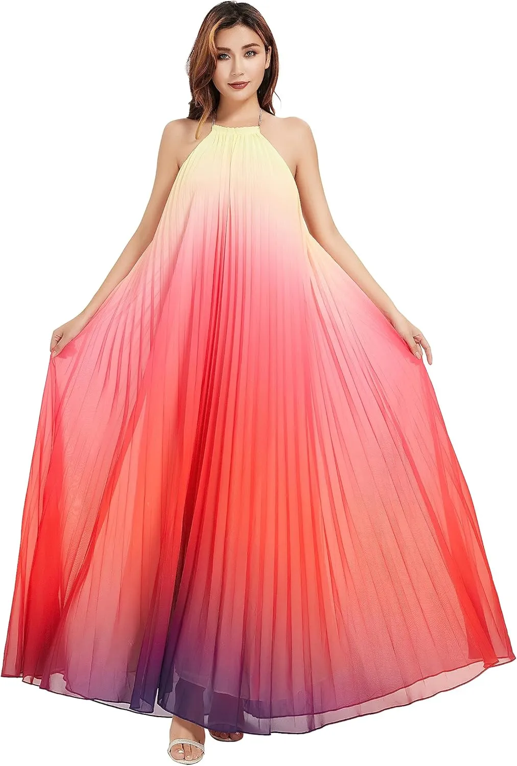 Women's Gradient Pleated Long Maxi Dress Chiffon Sexy Loose Summer Beach A-line Backless Sundress