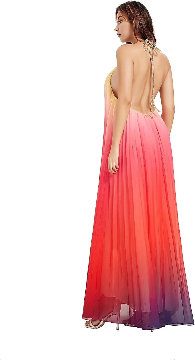 Women's Gradient Pleated Long Maxi Dress Chiffon Sexy Loose Summer Beach A-line Backless Sundress
