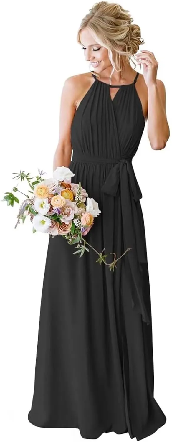 Women's Halter Chiffon Wrap Bridesmaid Dresses Long with Slit Pleated A Line Formal Dresses with Pockets SR008