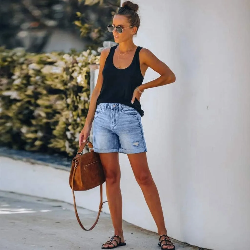 Women's High Waisted Stretchy Denim Shorts Cuffed Jean Summer Stretchy Ripped Jean Shorts for Women with Pockets