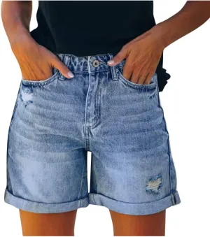 Women's High Waisted Stretchy Denim Shorts Cuffed Jean Summer Stretchy Ripped Jean Shorts for Women with Pockets
