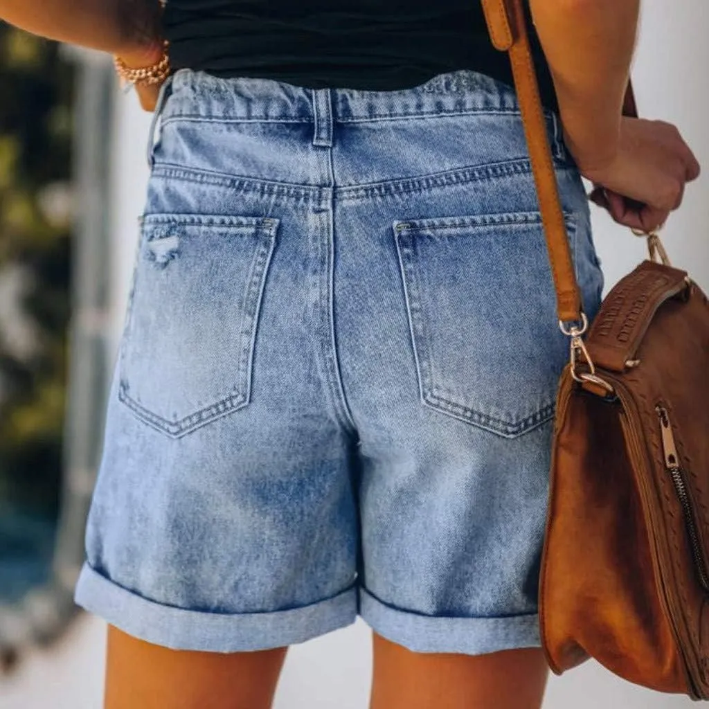 Women's High Waisted Stretchy Denim Shorts Cuffed Jean Summer Stretchy Ripped Jean Shorts for Women with Pockets