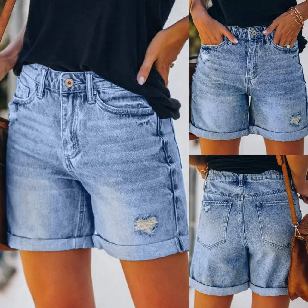 Women's High Waisted Stretchy Denim Shorts Cuffed Jean Summer Stretchy Ripped Jean Shorts for Women with Pockets