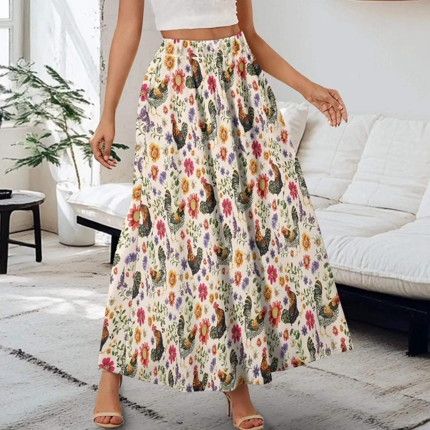 Women's Long Skirt Swing Party Wedding High Waisted Maxi Skirts Elegant Flared A-Line Ruffle Skirts with Pockets