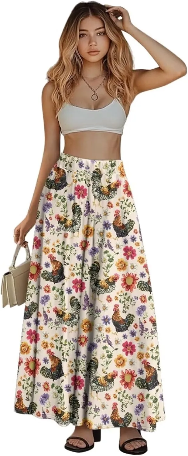 Women's Long Skirt Swing Party Wedding High Waisted Maxi Skirts Elegant Flared A-Line Ruffle Skirts with Pockets