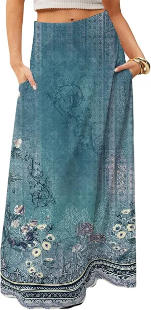 Women's Long Skirts Fall High Waisted Stretchy Vintage Floral Beach Swing Maxi Skirt 2025, S-2XL