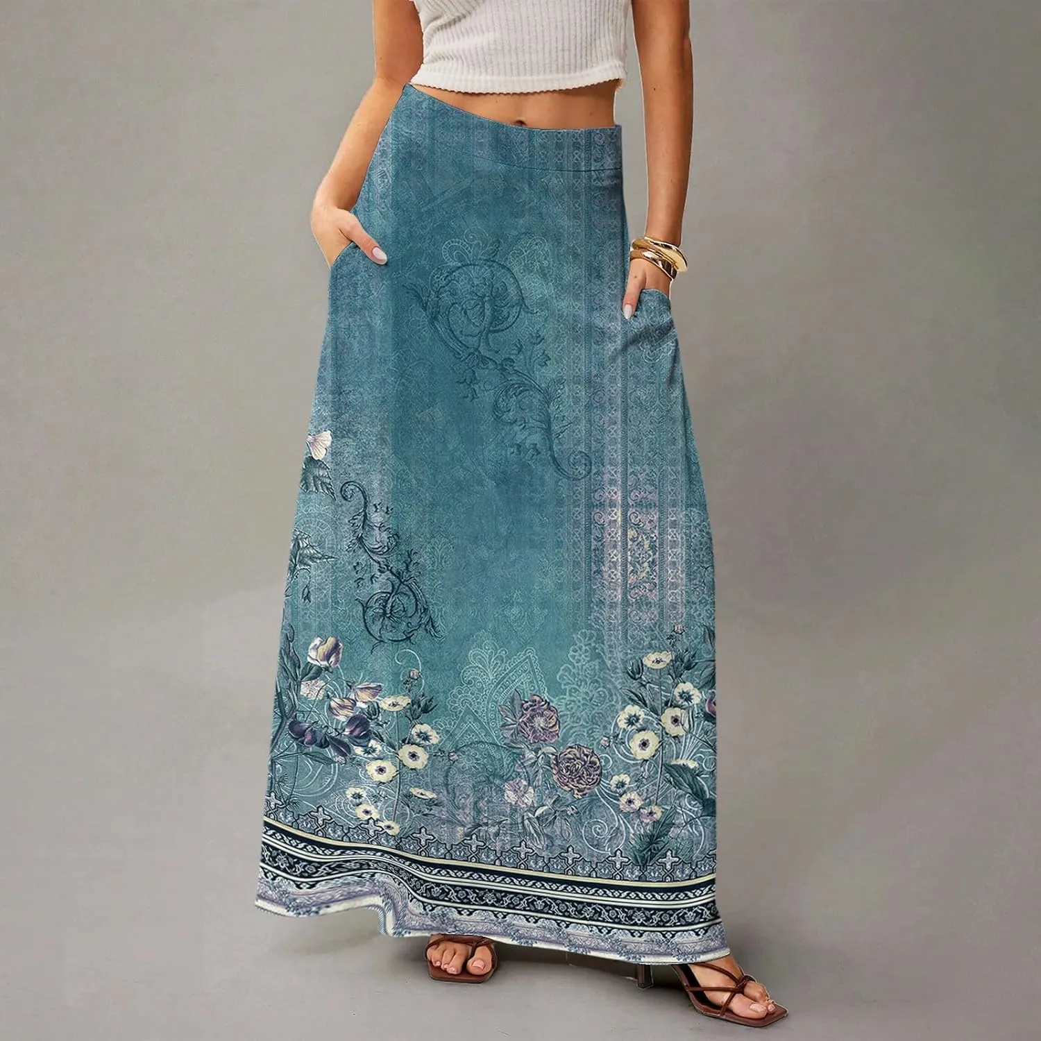 Women's Long Skirts Fall High Waisted Stretchy Vintage Floral Beach Swing Maxi Skirt 2025, S-2XL