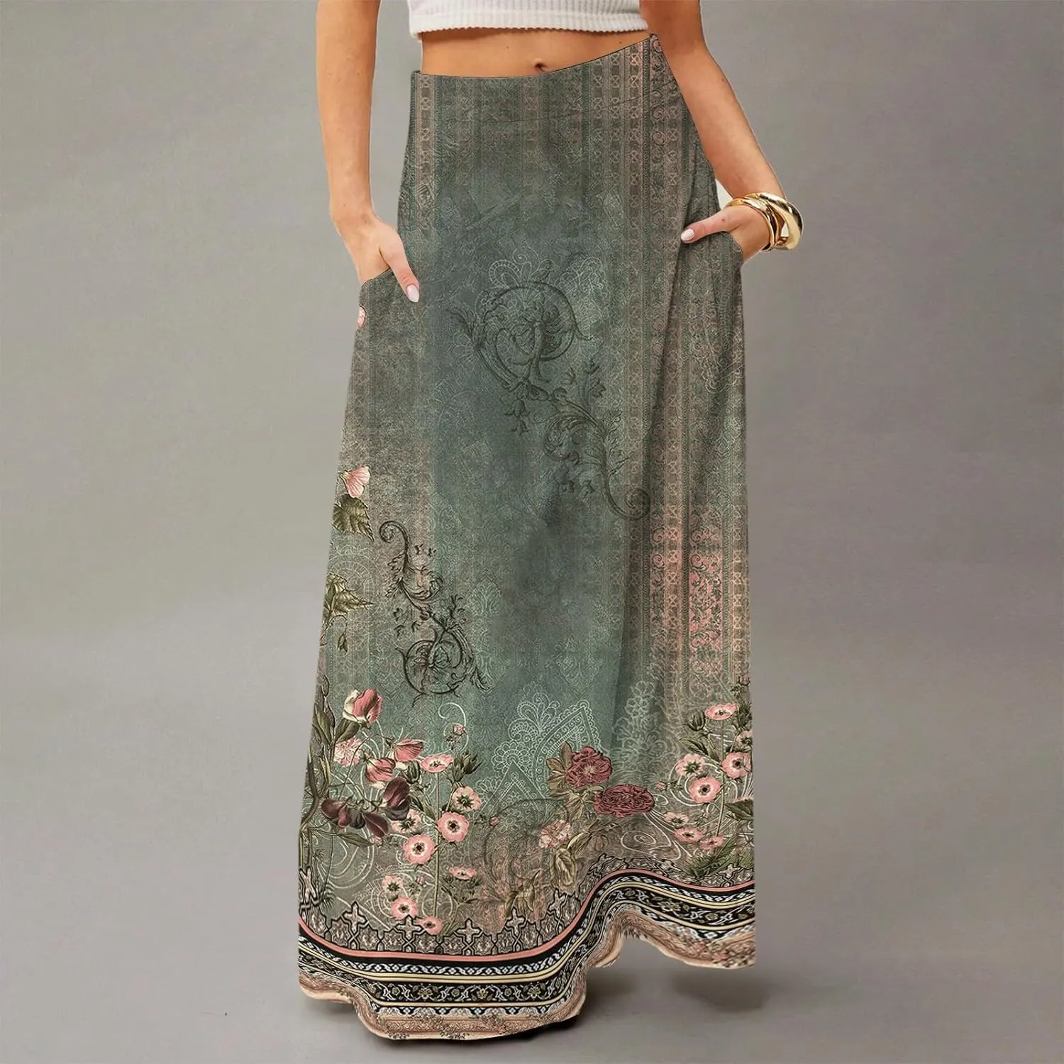 Women's Long Skirts Fall High Waisted Stretchy Vintage Floral Beach Swing Maxi Skirt 2025, S-2XL