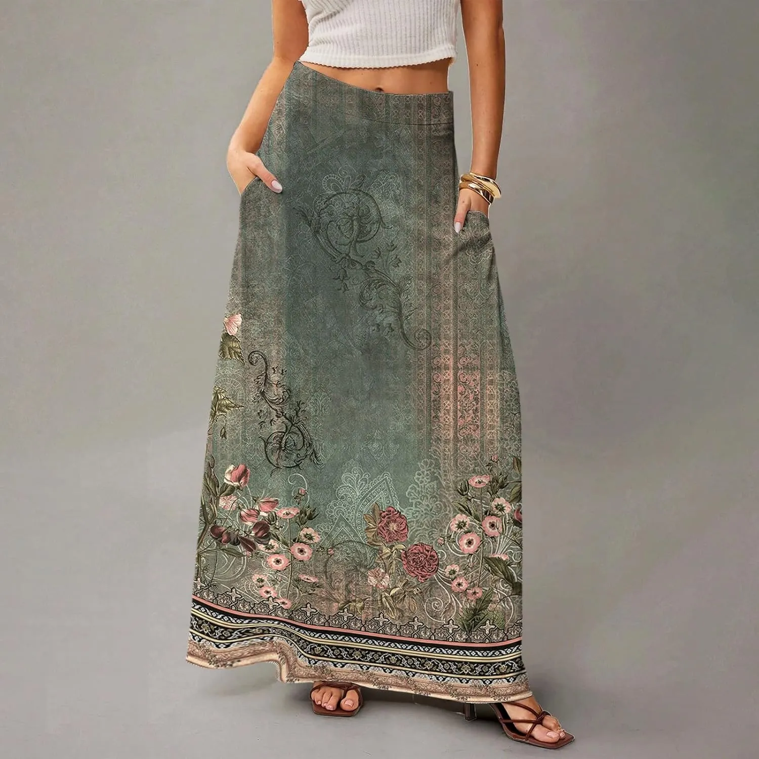 Women's Long Skirts Fall High Waisted Stretchy Vintage Floral Beach Swing Maxi Skirt 2025, S-2XL