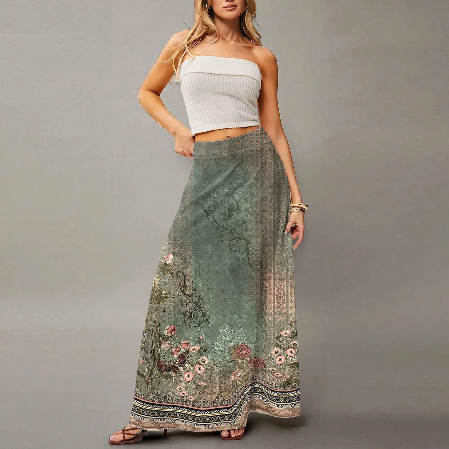 Women's Long Skirts Fall High Waisted Stretchy Vintage Floral Beach Swing Maxi Skirt 2025, S-2XL