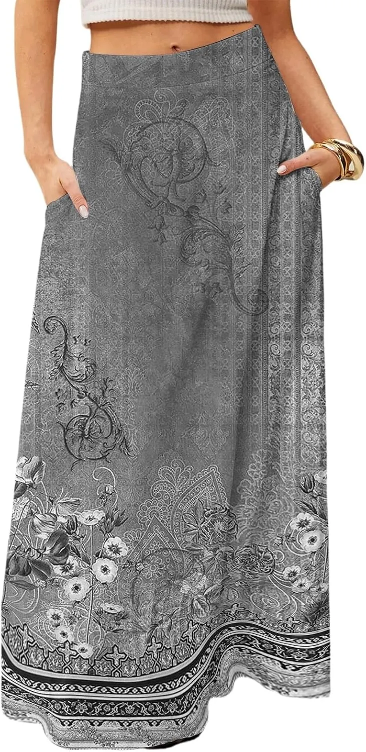 Women's Long Skirts Fall High Waisted Stretchy Vintage Floral Beach Swing Maxi Skirt 2025, S-2XL