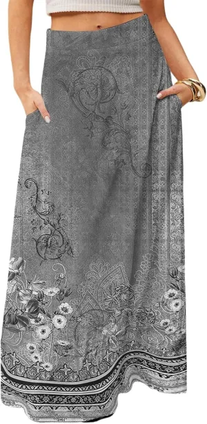 Women's Long Skirts Fall High Waisted Stretchy Vintage Floral Beach Swing Maxi Skirt 2025, S-2XL