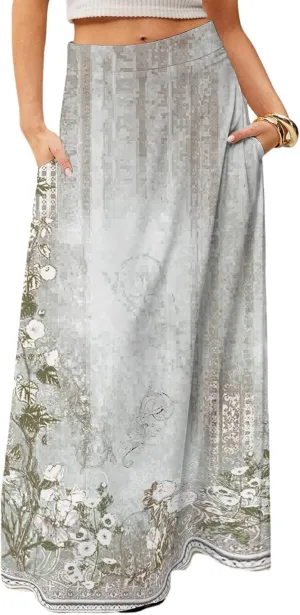 Women's Long Skirts Fall High Waisted Stretchy Vintage Floral Beach Swing Maxi Skirt 2025, S-2XL