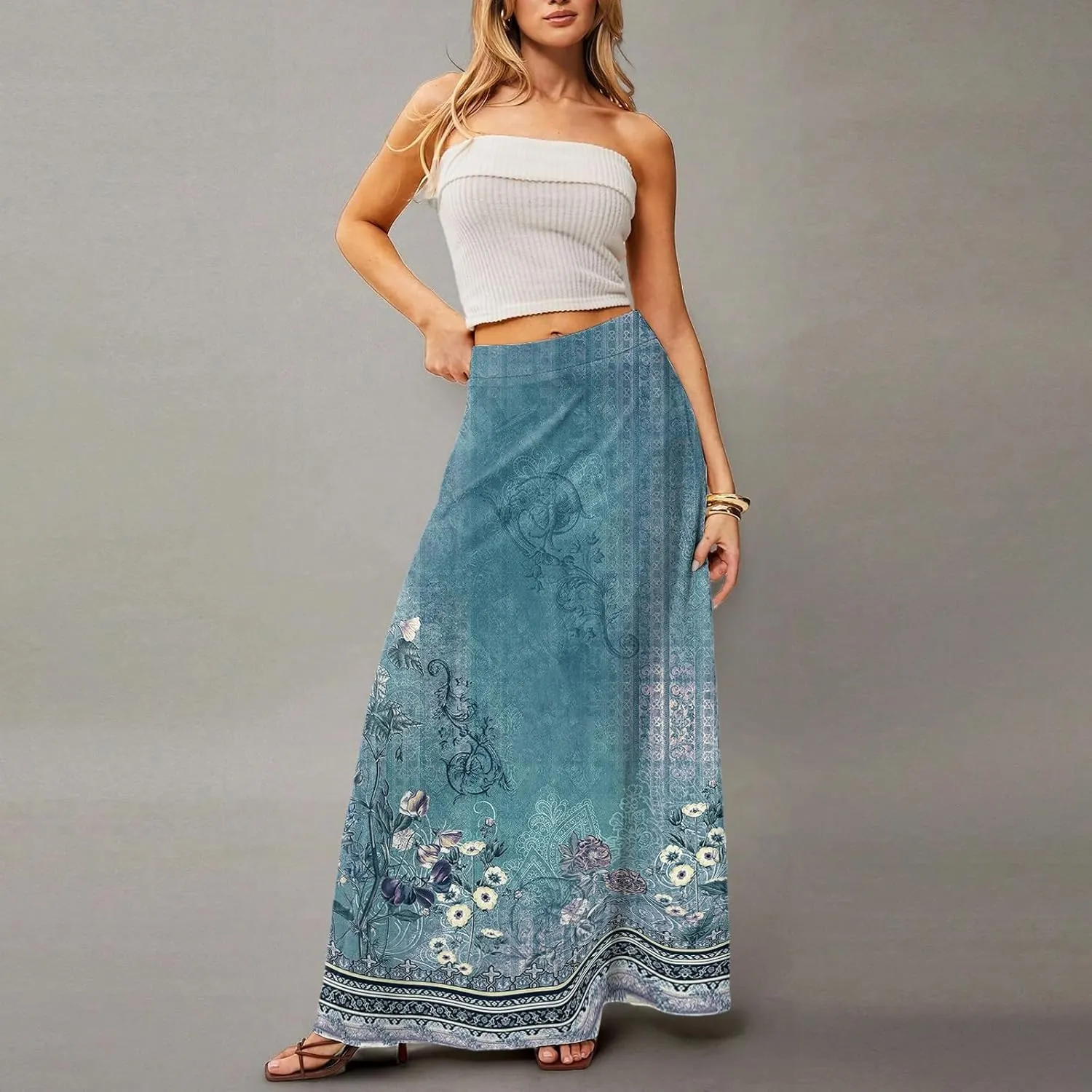 Women's Long Skirts Fall High Waisted Stretchy Vintage Floral Beach Swing Maxi Skirt 2025, S-2XL