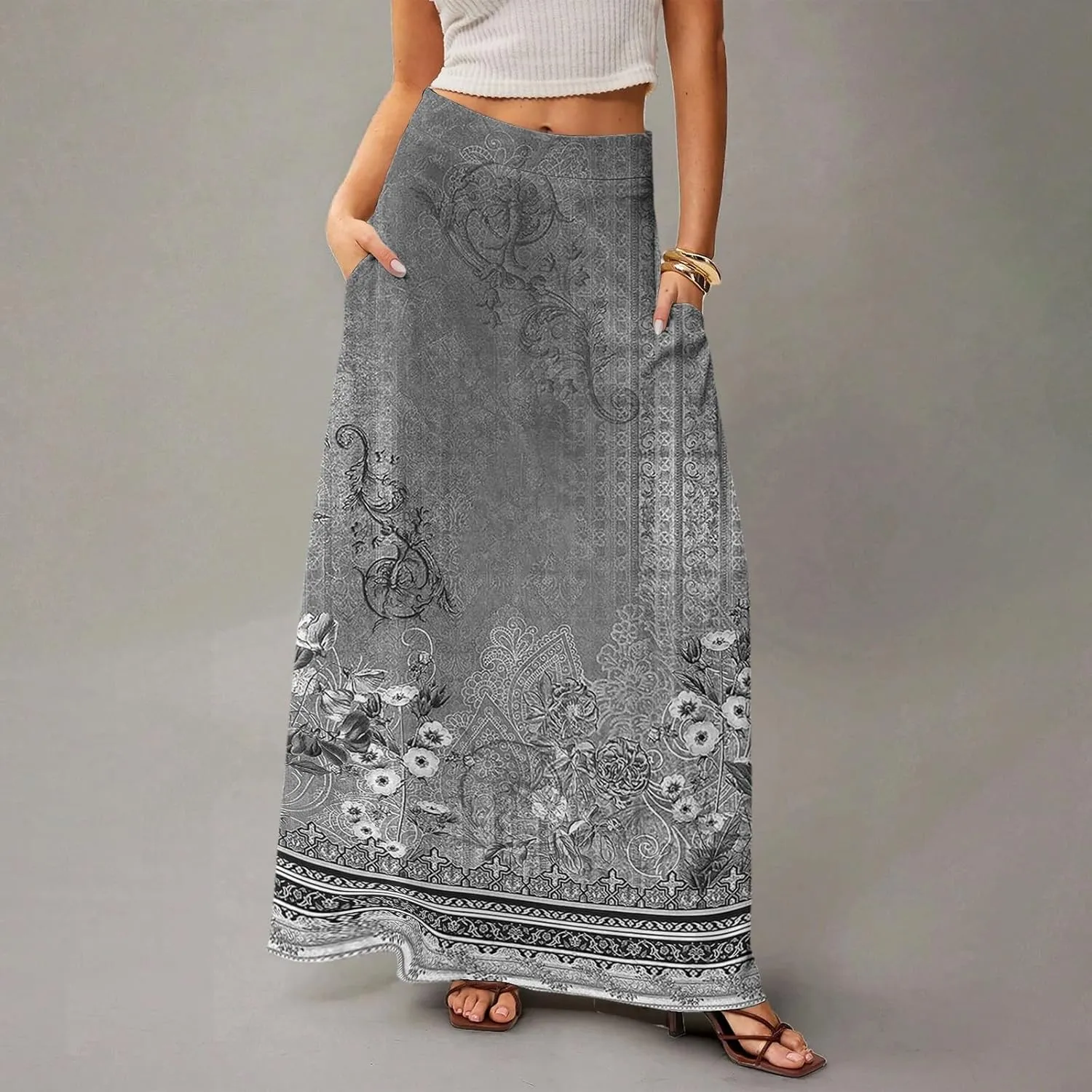 Women's Long Skirts Fall High Waisted Stretchy Vintage Floral Beach Swing Maxi Skirt 2025, S-2XL