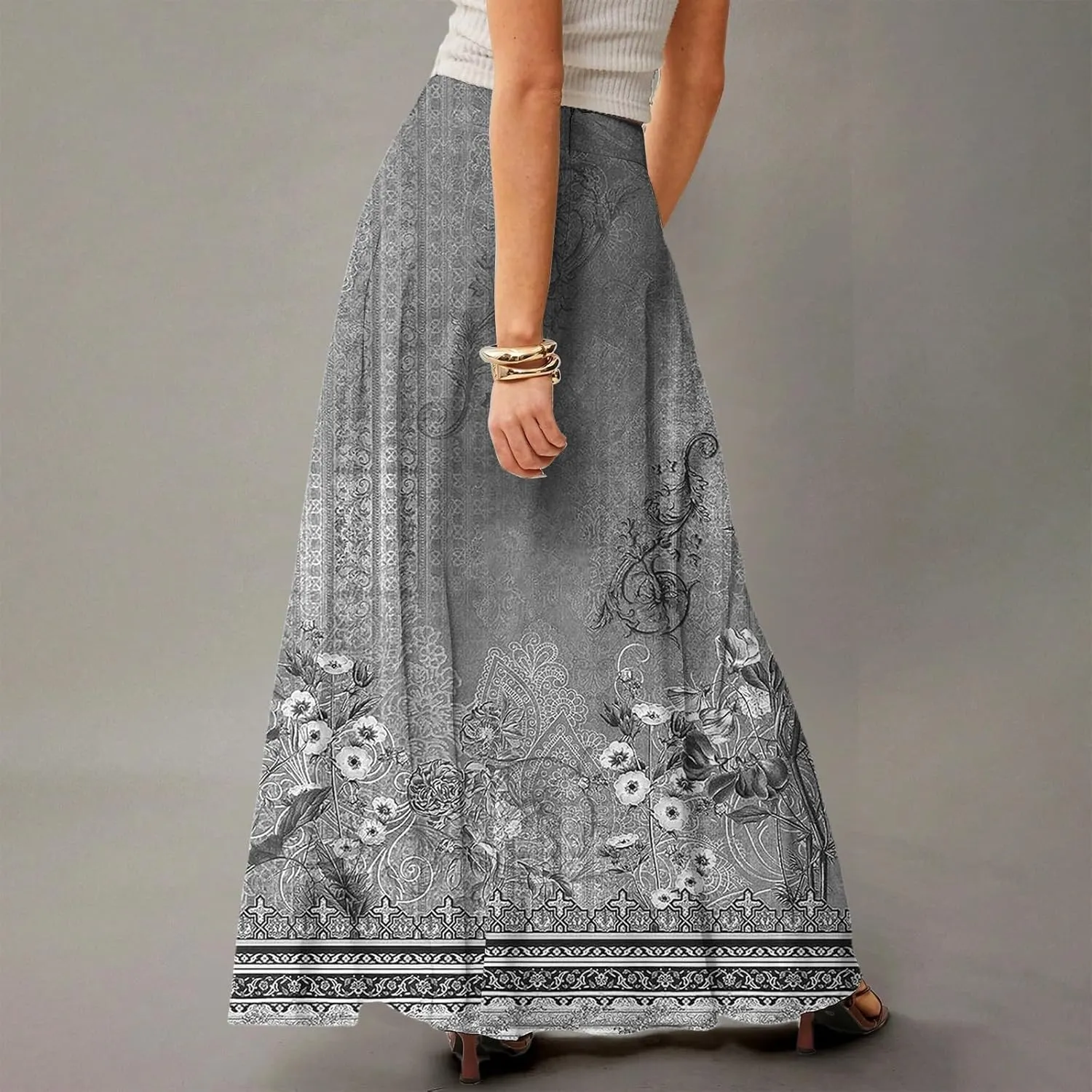 Women's Long Skirts Fall High Waisted Stretchy Vintage Floral Beach Swing Maxi Skirt 2025, S-2XL