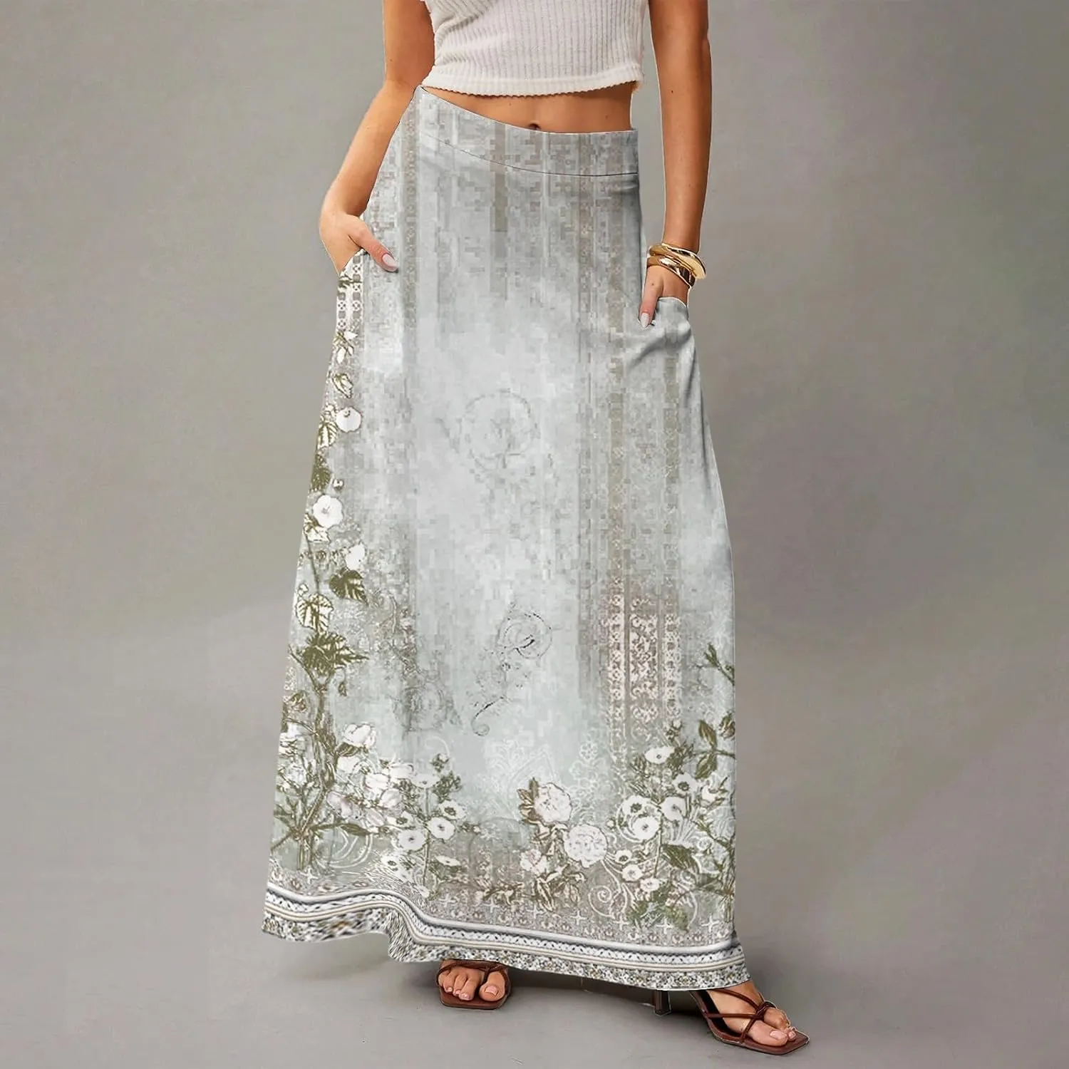 Women's Long Skirts Fall High Waisted Stretchy Vintage Floral Beach Swing Maxi Skirt 2025, S-2XL