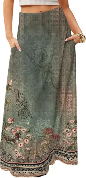 Women's Long Skirts Fall High Waisted Stretchy Vintage Floral Beach Swing Maxi Skirt 2025, S-2XL