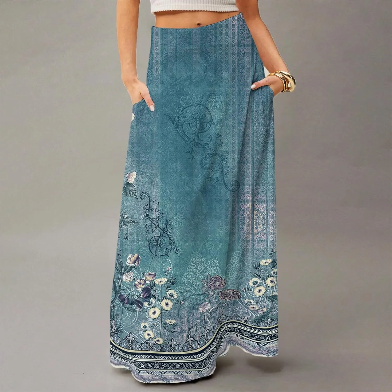 Women's Long Skirts Fall High Waisted Stretchy Vintage Floral Beach Swing Maxi Skirt 2025, S-2XL