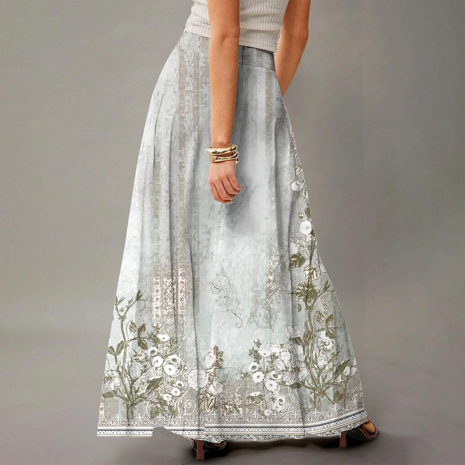 Women's Long Skirts Fall High Waisted Stretchy Vintage Floral Beach Swing Maxi Skirt 2025, S-2XL