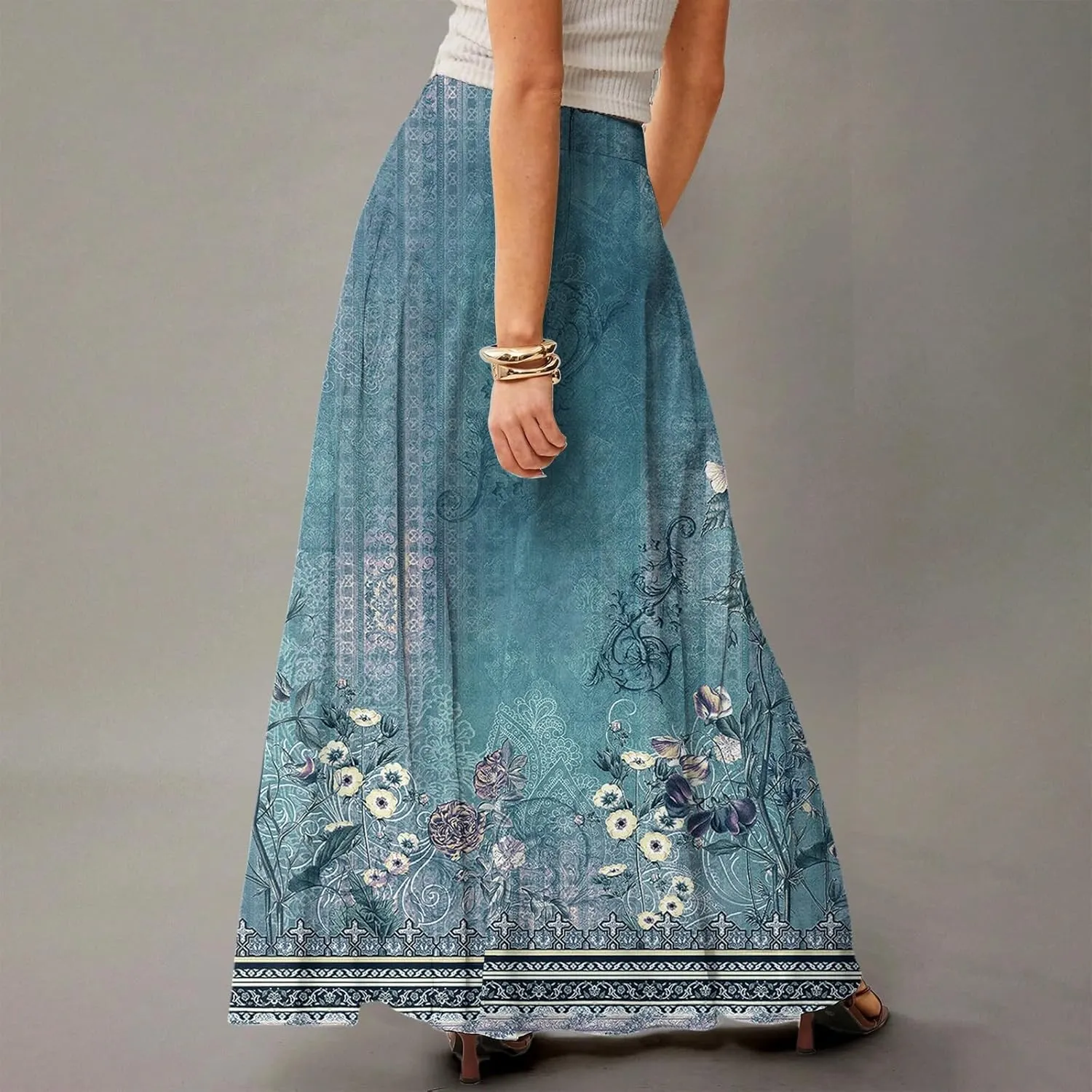Women's Long Skirts Fall High Waisted Stretchy Vintage Floral Beach Swing Maxi Skirt 2025, S-2XL