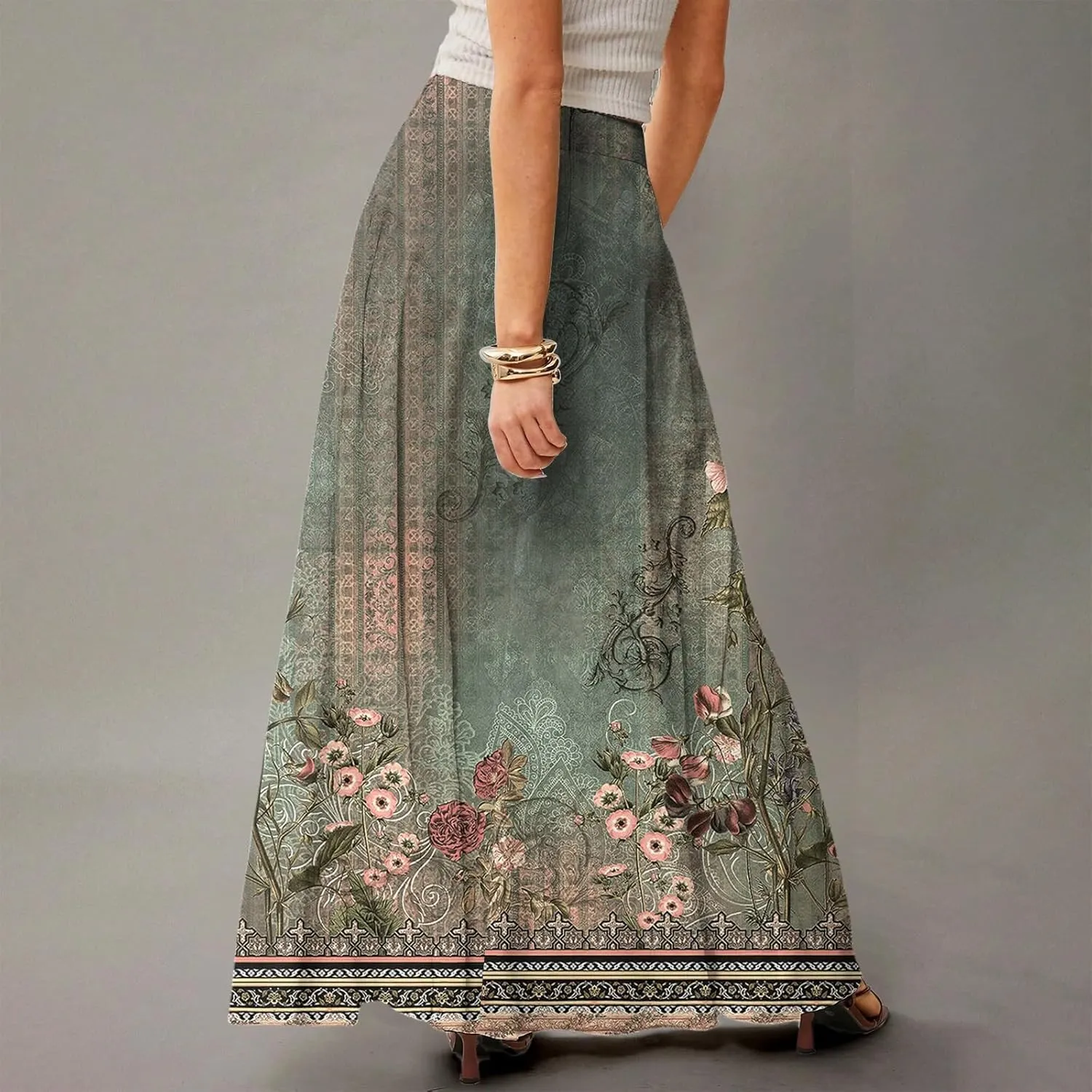 Women's Long Skirts Fall High Waisted Stretchy Vintage Floral Beach Swing Maxi Skirt 2025, S-2XL