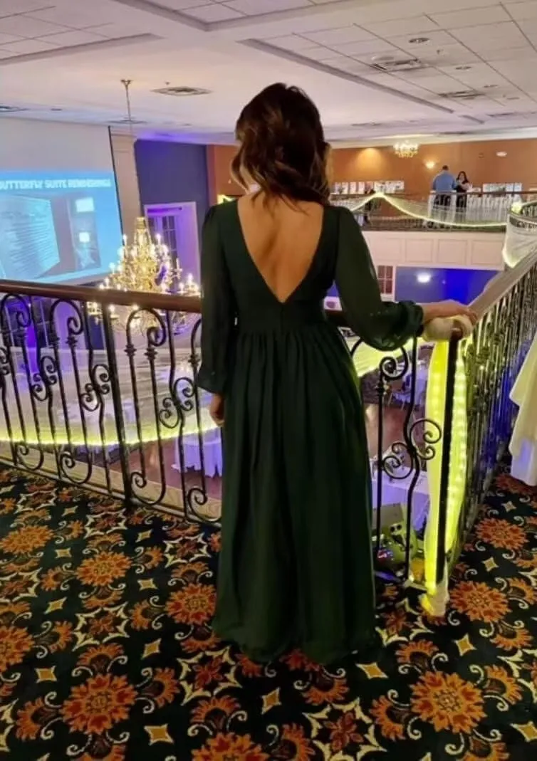 Women's Long Sleeve Bridesmaid Dresses with Slit Chiffon Prom Dresses V-Neck A-Line Formal Evening Party Dress