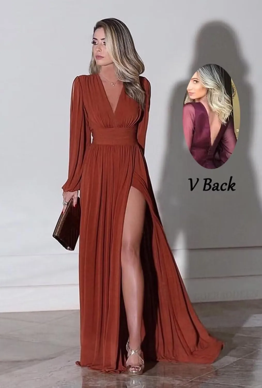 Women's Long Sleeve Bridesmaid Dresses with Slit Chiffon Prom Dresses V-Neck A-Line Formal Evening Party Dress