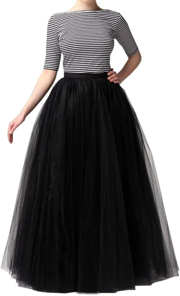 Womens Long Tutu Skirts Pleated Princess Performance Midi Skirts Adult Tutu Dancing Party Evening Tulle Womens