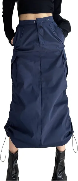 Women's Loose Casual Quick Drying Pleated Drawcord Work Suit Split Skirt Girls Midi Skirt Tight Skirt (2-Navy, L)