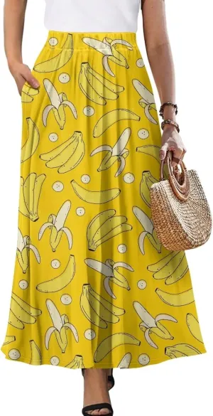Women's Maxi Skirts Pleated High Waisted Casual Long Skirts Flowy High Waist Party Holiday Skirts with Pockets
