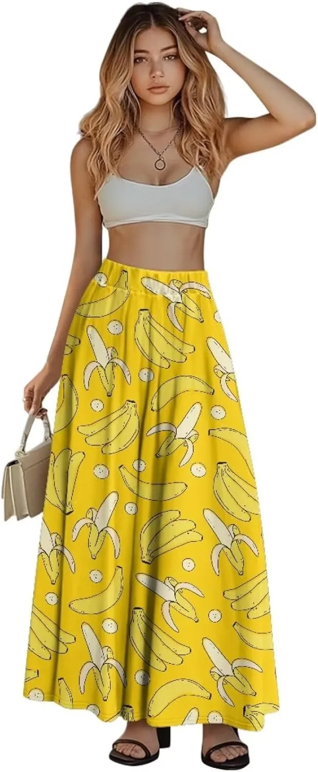 Women's Maxi Skirts Pleated High Waisted Casual Long Skirts Flowy High Waist Party Holiday Skirts with Pockets