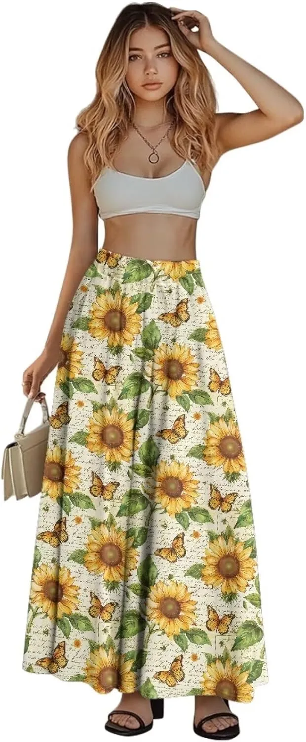 Women's Maxi Skirts Pleated High Waisted Casual Long Skirts Flowy High Waist Party Holiday Skirts with Pockets