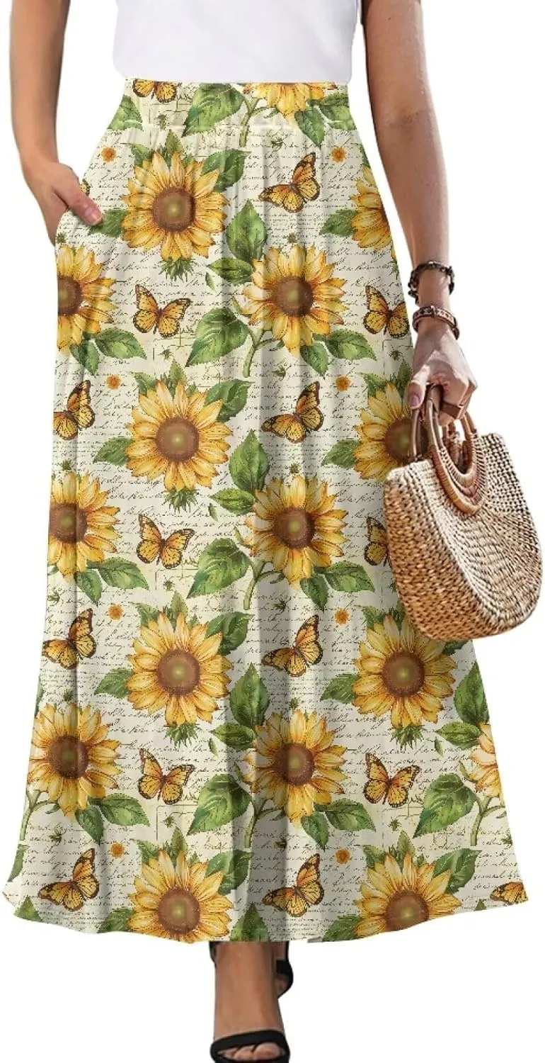 Women's Maxi Skirts Pleated High Waisted Casual Long Skirts Flowy High Waist Party Holiday Skirts with Pockets