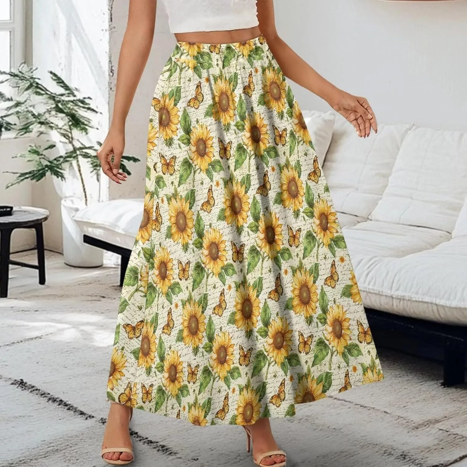 Women's Maxi Skirts Pleated High Waisted Casual Long Skirts Flowy High Waist Party Holiday Skirts with Pockets