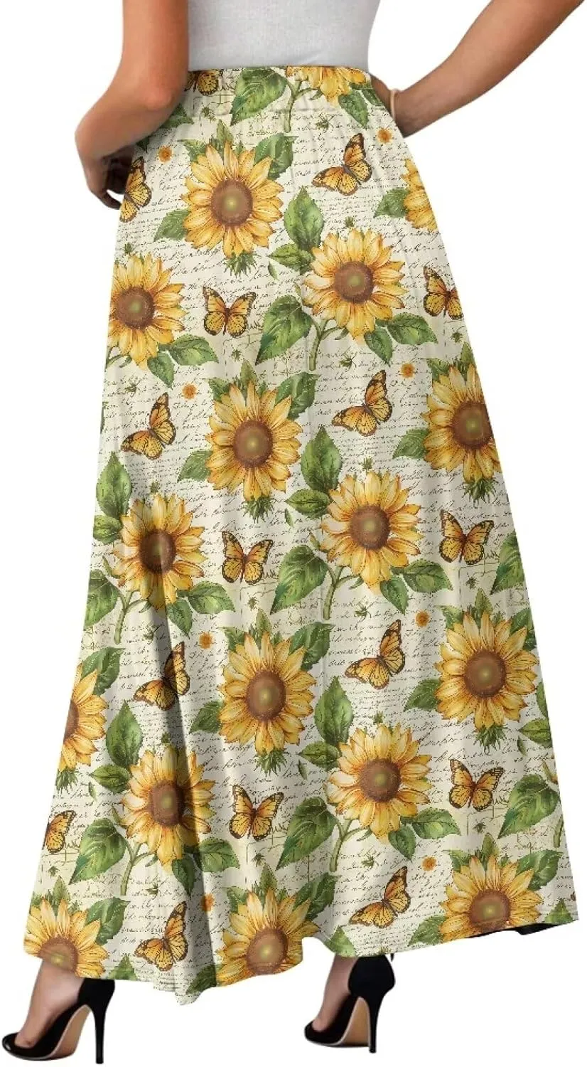 Women's Maxi Skirts Pleated High Waisted Casual Long Skirts Flowy High Waist Party Holiday Skirts with Pockets